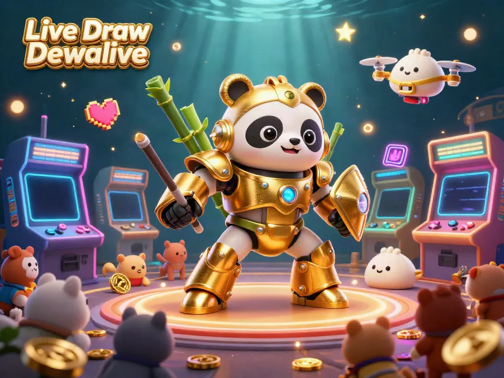 Engage in thrilling Live Draw Dewalive with a colorful gaming scene featuring a mech-suit golden panda.