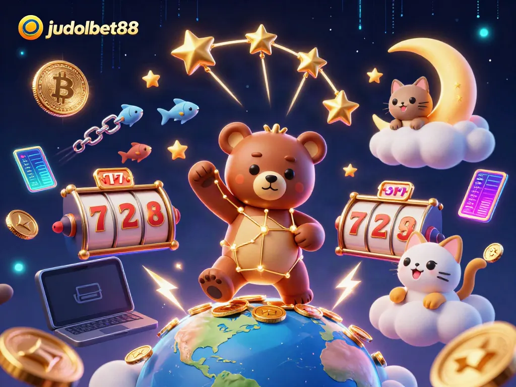 Experience the thrill of judolbet88 with this vibrant 3D illustration of a constellation bear and slot reels.