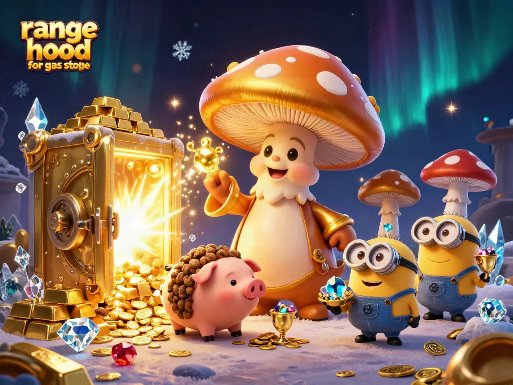 Engage with the dynamic scene showcasing a magical illustration featuring a range hood for gas stove amidst sparkling treasures.