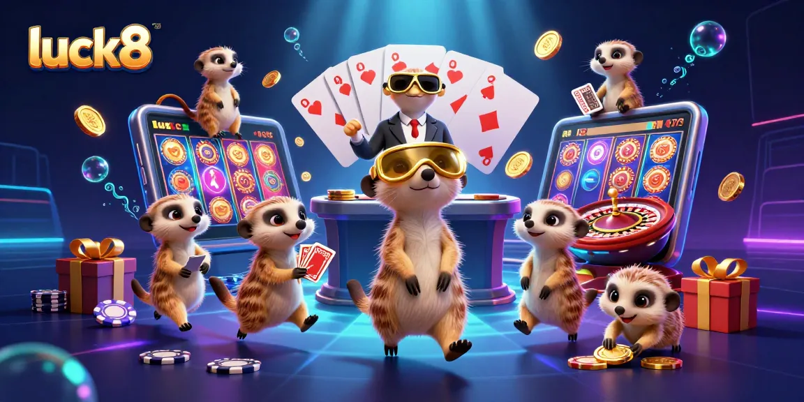 Meerkats manage a vibrant casino operation in this luck8 3D illustration, showcasing gameplay excitement.