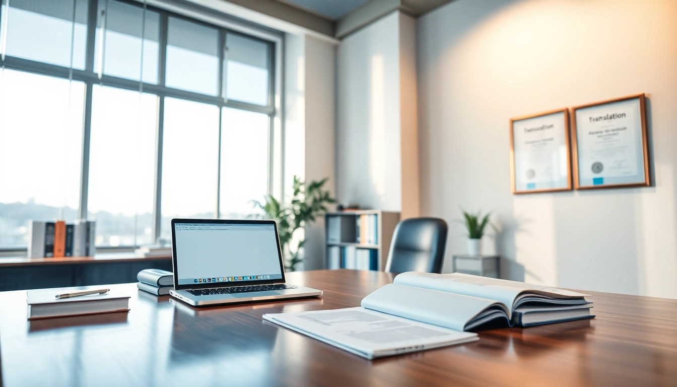 Professional translator's workspace featuring authorized translator certificate and translation tools.
