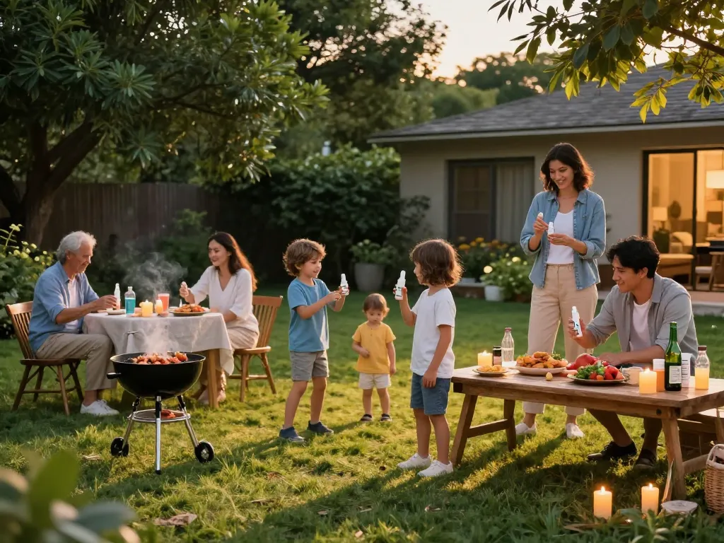 Family applying mosquito repellent while enjoying a summer BBQ outdoors, with citronella candles and picnic setup.