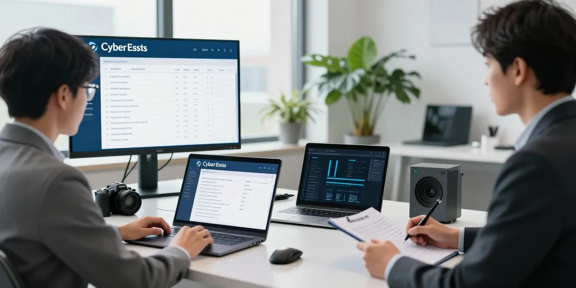 Cyber Essentials requirements checklist in cybersecurity office with professionals, highlighting compliance efforts and teamwork.