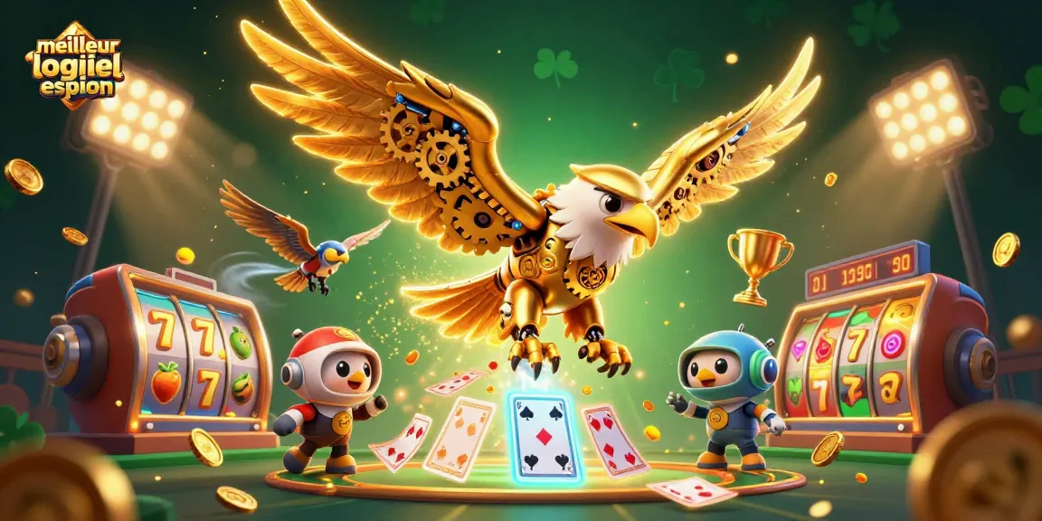 Évaluez le meilleur logiciel espion dans un univers de jeux de casino moderne avec un aigle cybernétique.