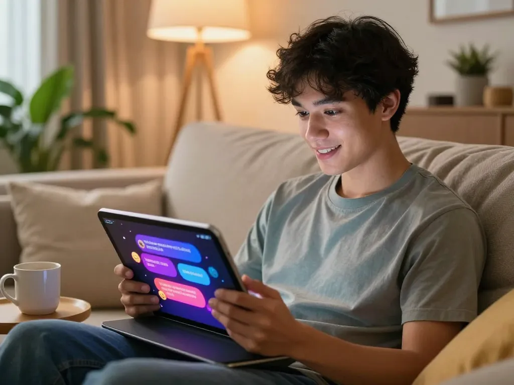 Engaging conversation with an AI girlfriend on a tablet in a cozy setting.