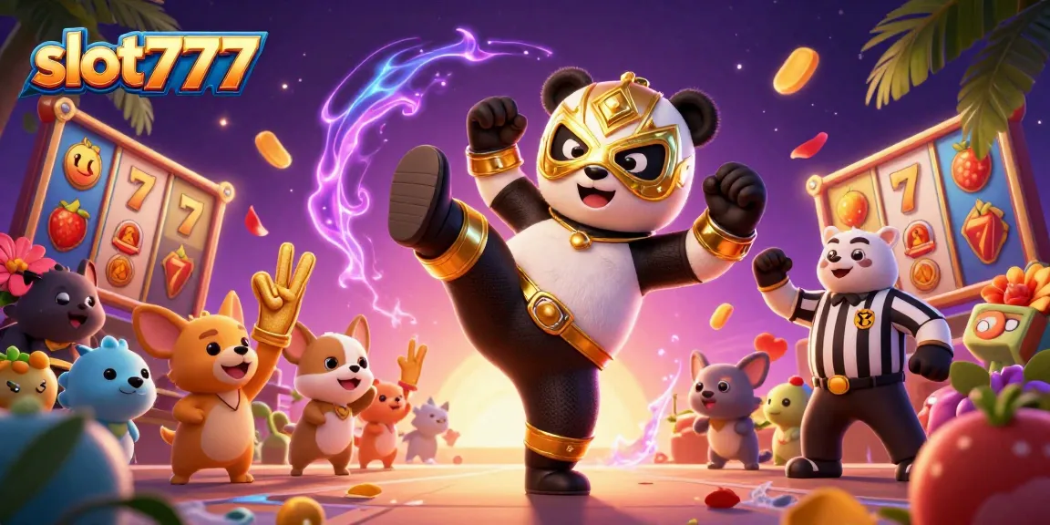 Panda profesional beraksi dalam slot777 dengan simbol keberuntungan dan penonton bersemangat.