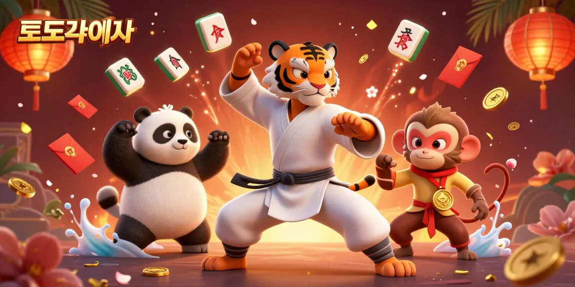 Experience thrilling fun with 토토사이트 as a kung fu tiger master teaches, surrounded by vibrant game elements.