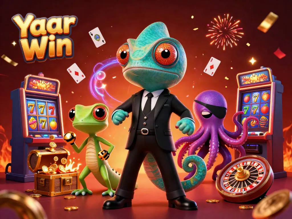 Yaar Win brings thrilling slot action with animated characters and vibrant casino elements in a colorful scene.