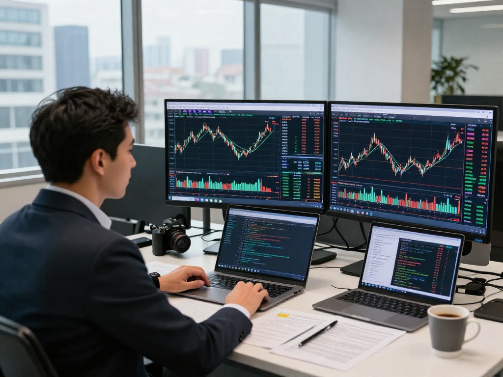 MetaTrader 5 交易者在现代金融办公室中分析市场深度与图表，体现职业交易环境。