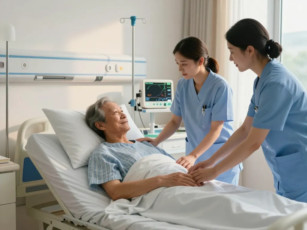 Elderly patient on a giường bệnh nhân receiving compassionate care in a hospital.