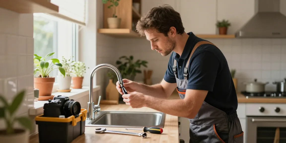 Reliable handyman services fixing a leaky faucet in a cozy kitchen environment
