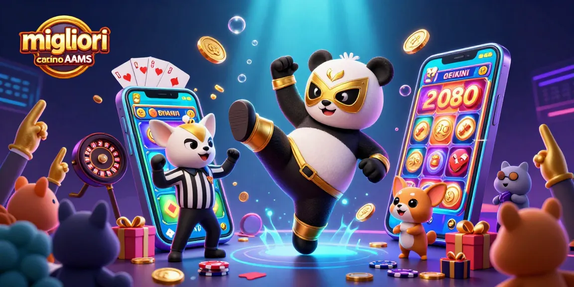 Slot machine eccitante e panda lottatore nei migliori casino non AAMS con spettatori entusiasti