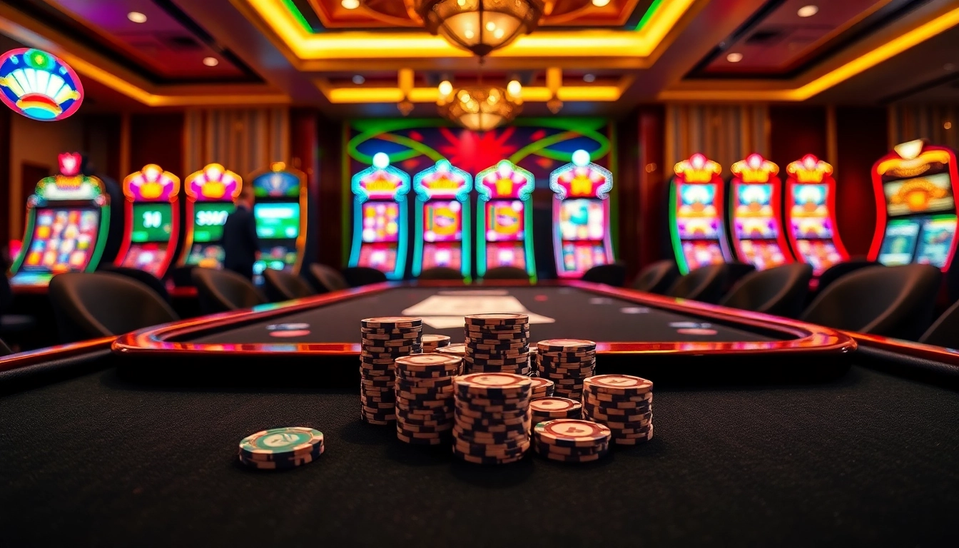 Exciting poker game scene with tk88 branding on high-stakes table, vibrant casino ambiance.