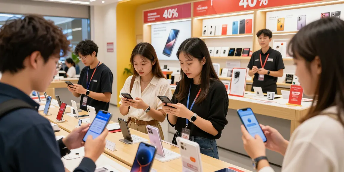 Shoppers exploring electronics discounts on ROKOK88, engaging over gadgets.