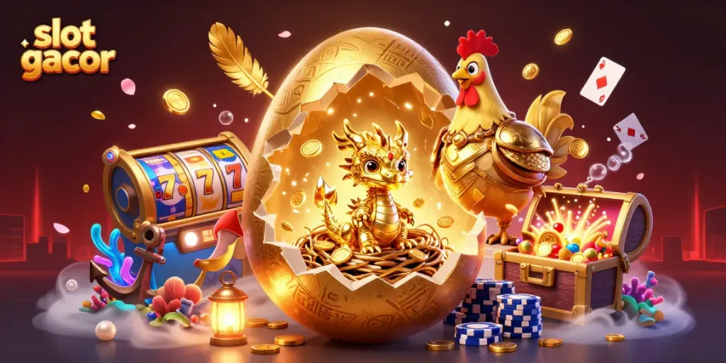 Permainan slot gacor dengan naga emas muda dan keranjang chip poker yang meriah.