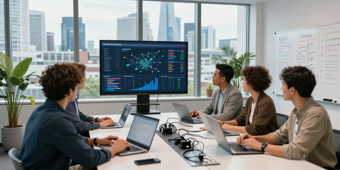 Team strategizing managed IT services London in a modern office setting with real-time data monitoring displayed.