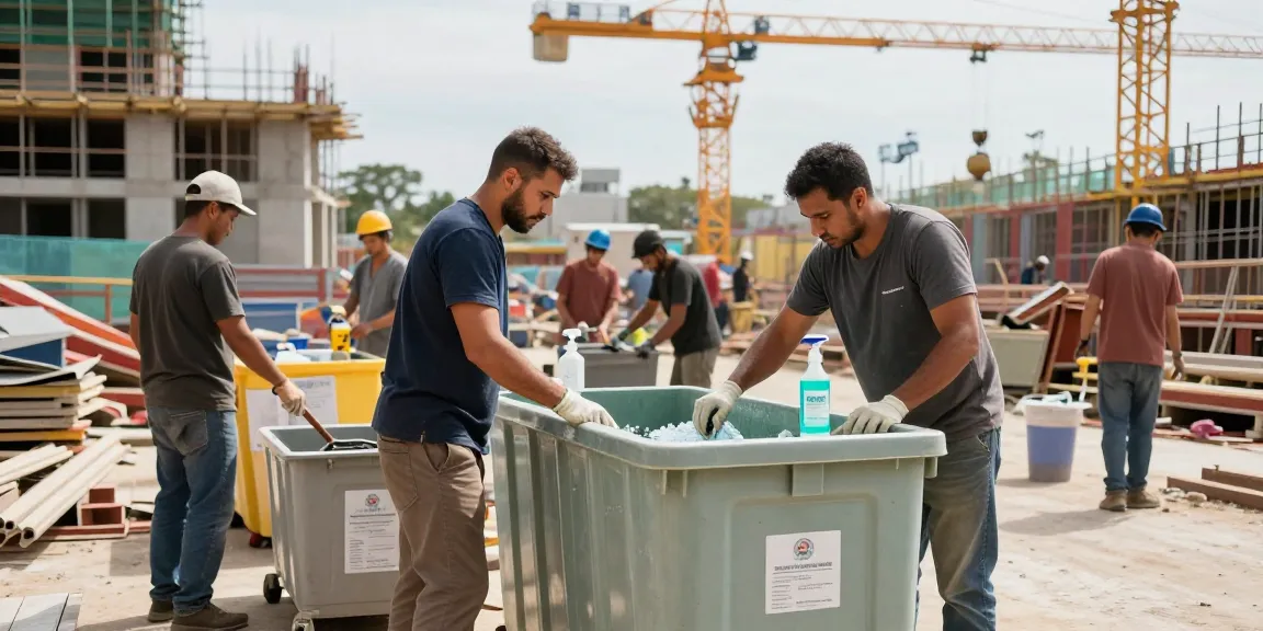 Containerreinigung Dortmund auf einer Baustelle mit Mitarbeitern, die Sanitärcontainer gründlich reinigen.