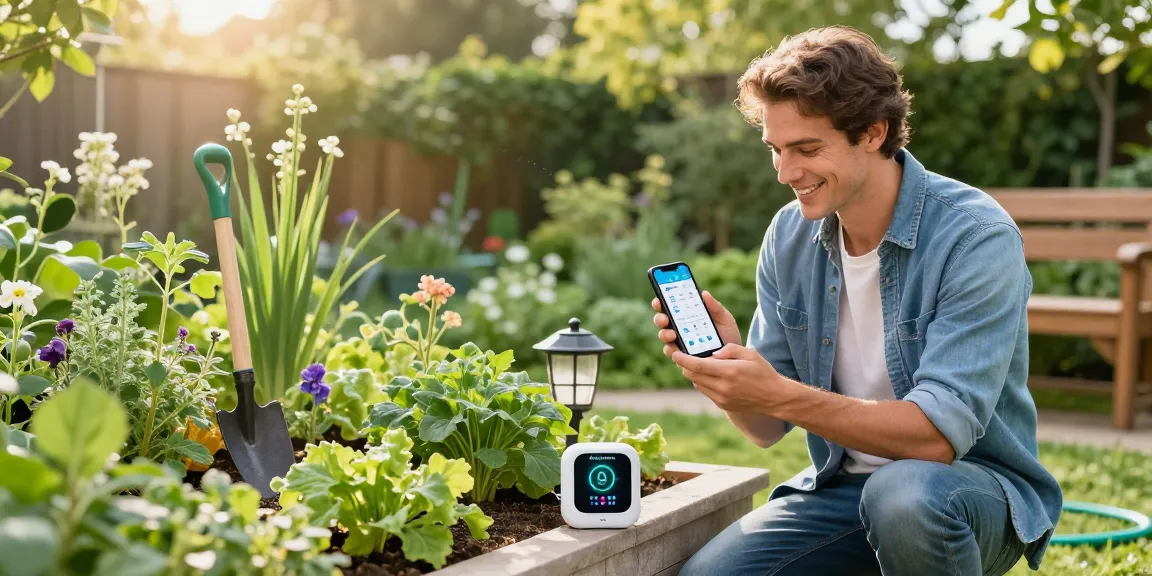 Gardener checking rainpoint wifi water timer app amid vibrant flower beds and plants.