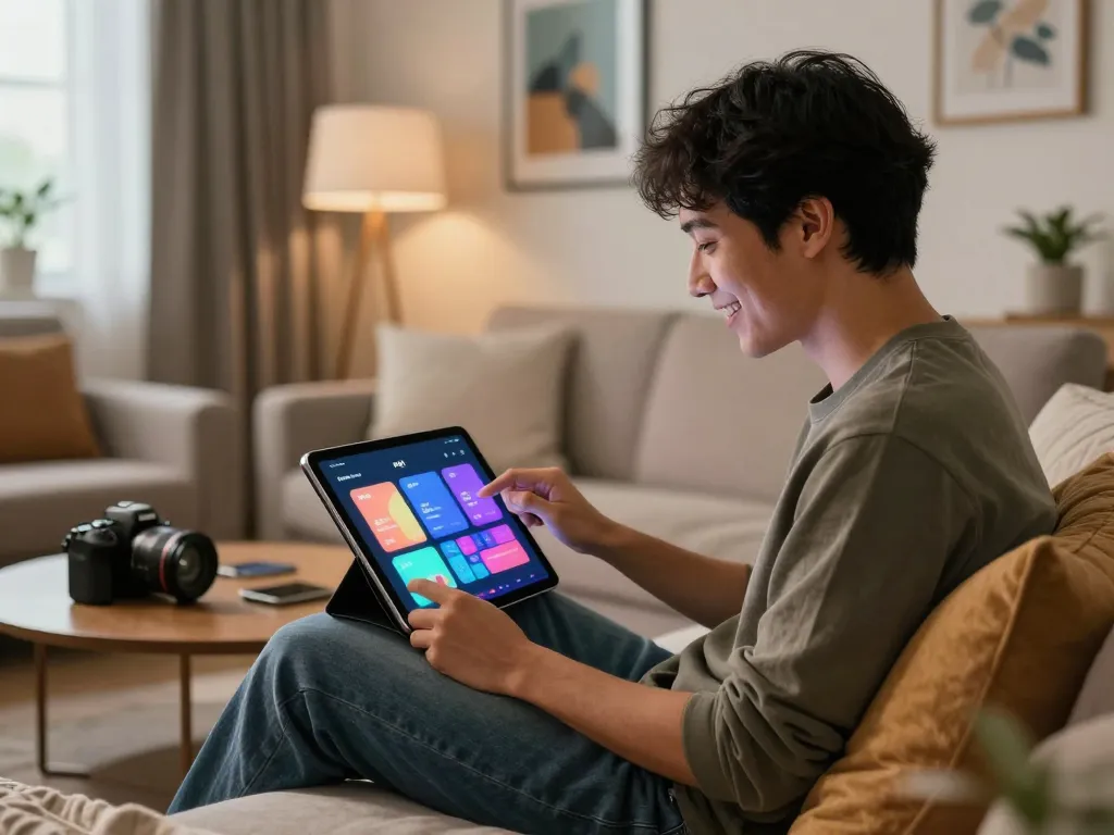 Engaging with an nsfw ai application in a cozy living room setting, showcasing user-friendly interface elements.