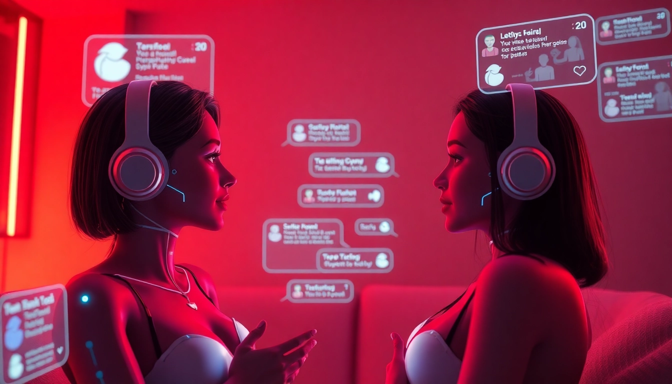 Engaging scene of sex chat ai interactions with realistic AI characters and a digital chat backdrop.
