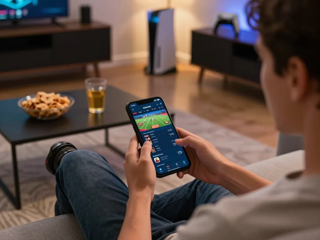 Engaging in sports betting on a mobile app, showcasing situs gacor gaming strategy in a cozy home setting.
