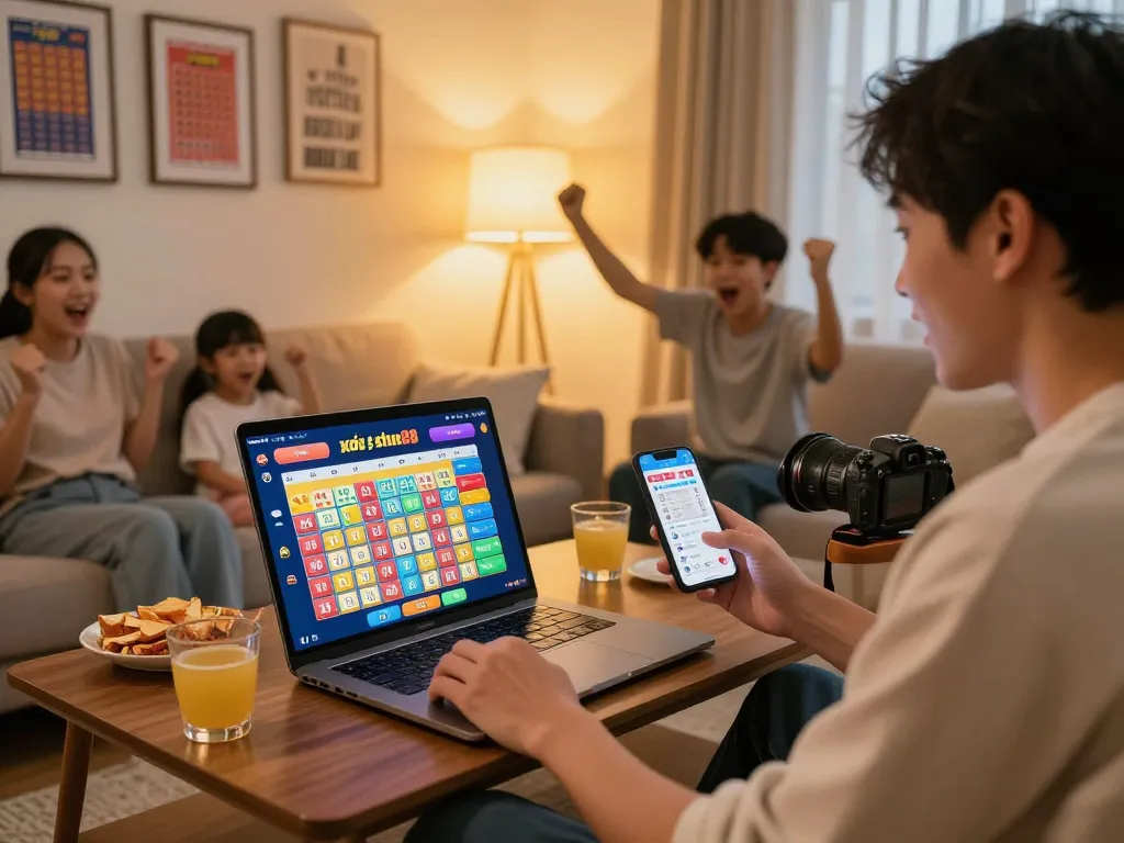 xổ số hubet88 player celebrating a win in modern living room