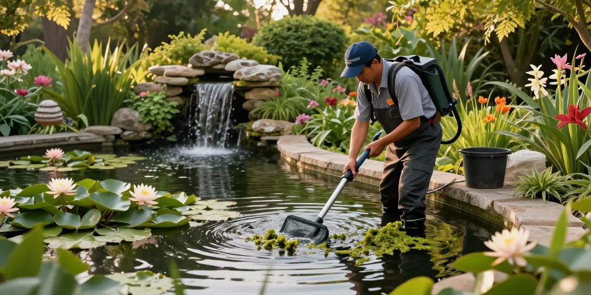 Pond Cleaning Essex: Professional technician cleaning a garden pond, removing algae and debris, surrounded by lush greenery and water lilies.