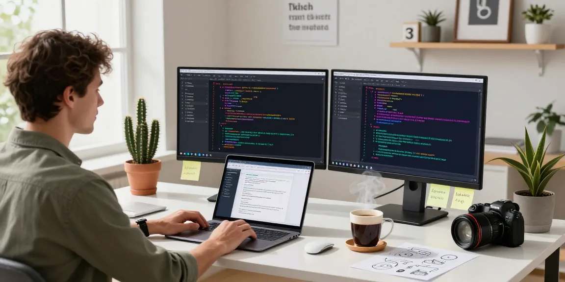 AI prompt image generation workspace with dual monitors, laptop, and coffee in a creative environment.