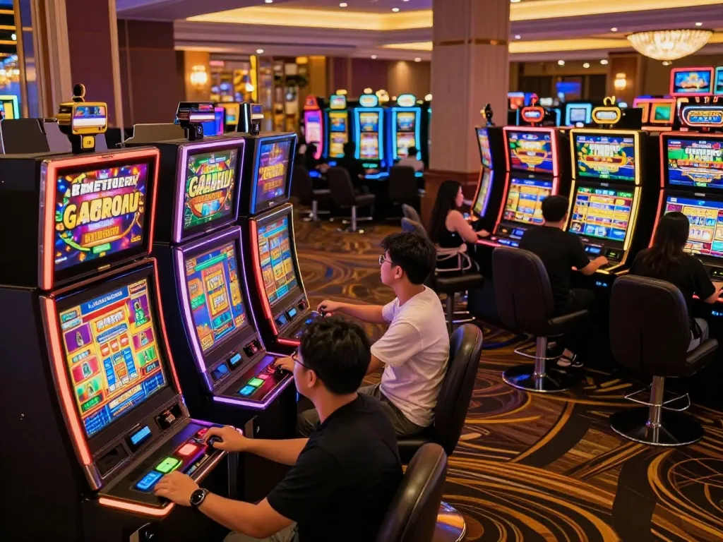 Experience thrilling gameplay at a vibrant slot gacor casino with excited players engaging with colorful machines.