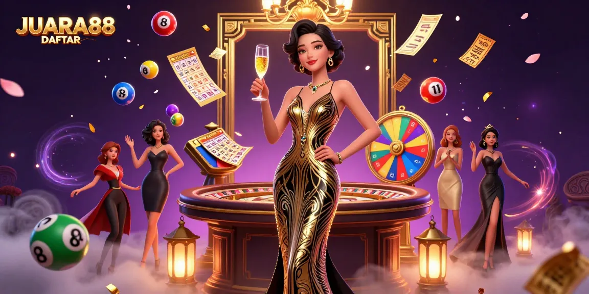 Engage with JUARA88 DAFTAR amidst a vibrant casino scene featuring dynamic lottery elements.