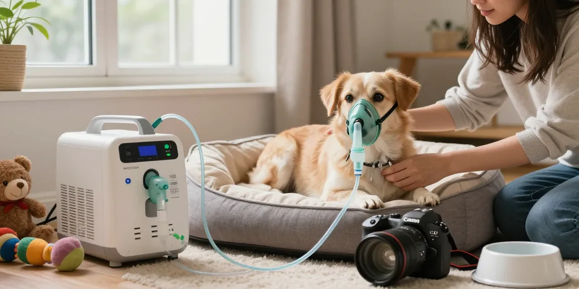 Home oxygen support for pets with a happy dog using an oxygen mask in a cozy environment.