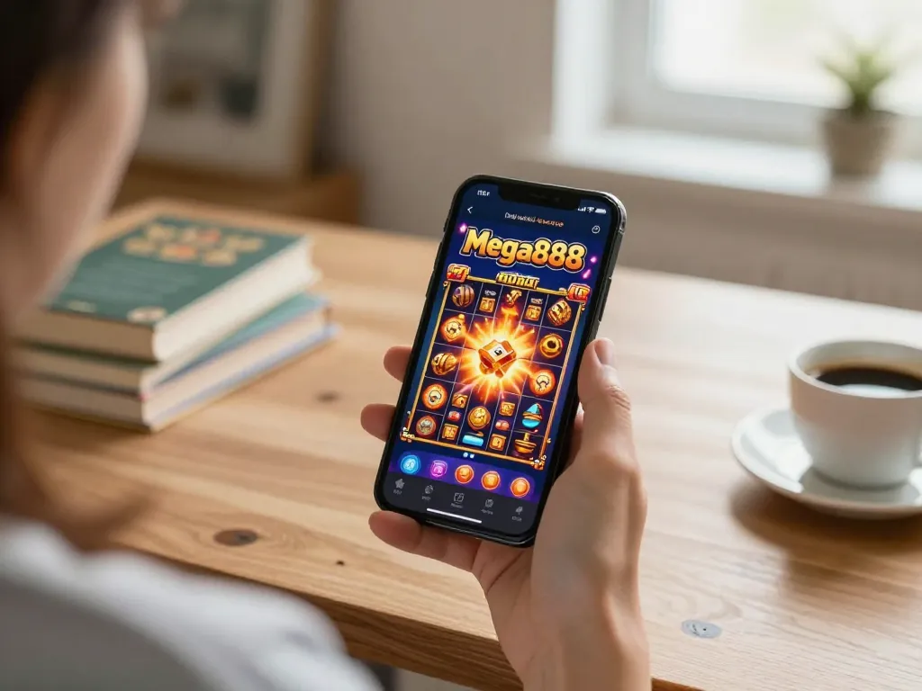 Engaging gameplay on mega888 apk displayed on smartphone in a cozy home environment.