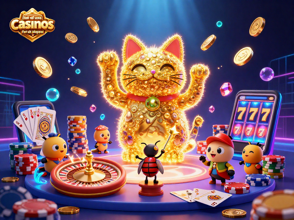 Engage with the list of usa casinos for uk players showcasing a vibrant casino scene with golden elements and lucky symbols.