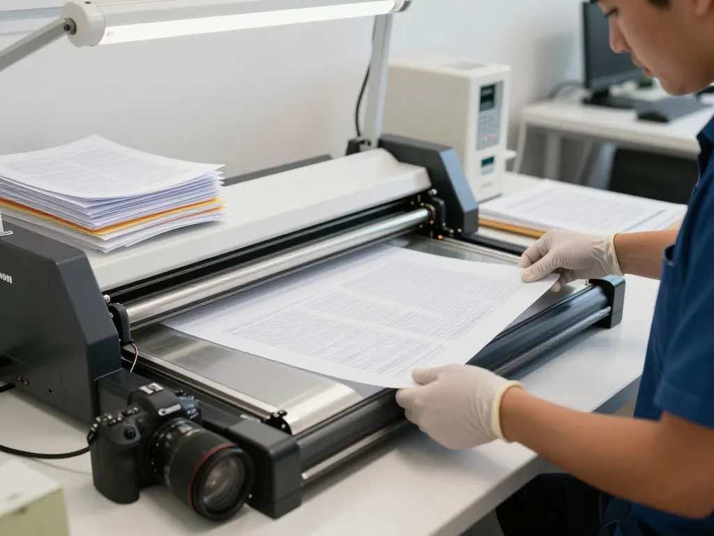 Removing laminated documents safely using advanced bóc ép plastic techniques in a modern office.