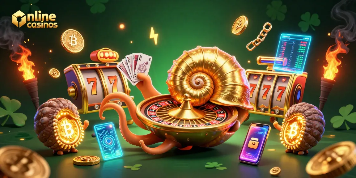 Betters engage with vibrant online casinos in a 3D illustration filled with cards and cryptocurrency elements.