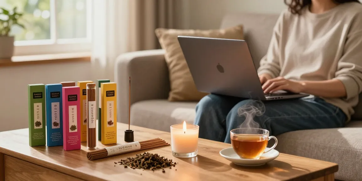 Person enjoying herbal tea while reviewing incensehigh-com-reviews with incense products displayed.