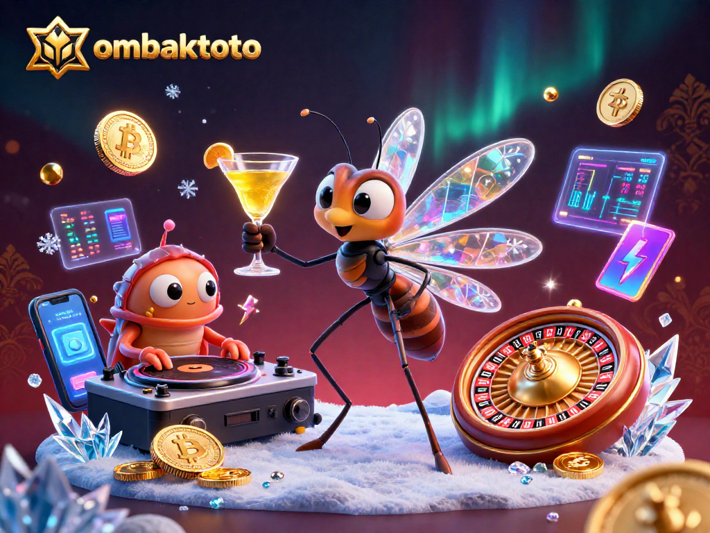 Engage with ombaktoto's vibrant casino scene featuring unique characters and glowing crypto elements.