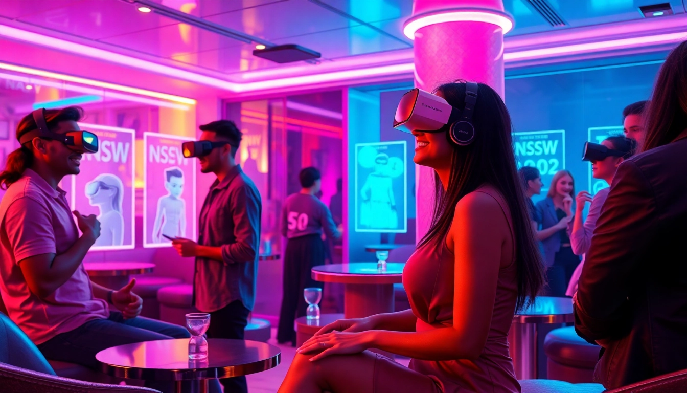 Engaging scene of users interacting with NSFW AI chatbots in a futuristic lounge, vibrant colors.