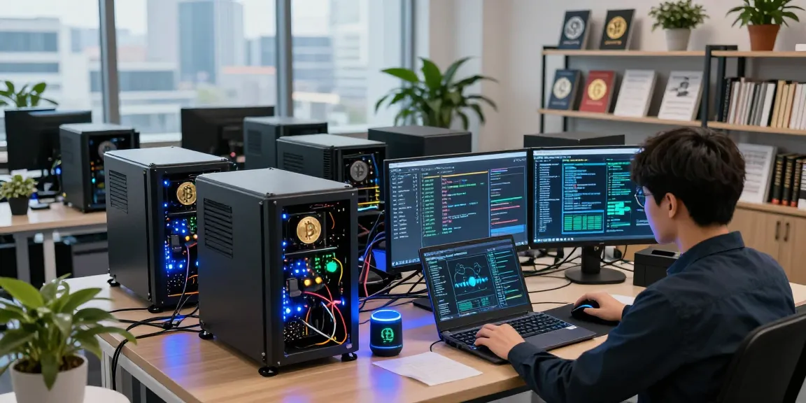 bitcoin mining website showcasing a professional office setup with mining rigs and cryptocurrency performance metrics displayed