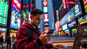 Engaged user exploring top sports betting sites India with a mobile app amidst a vibrant cityscape.