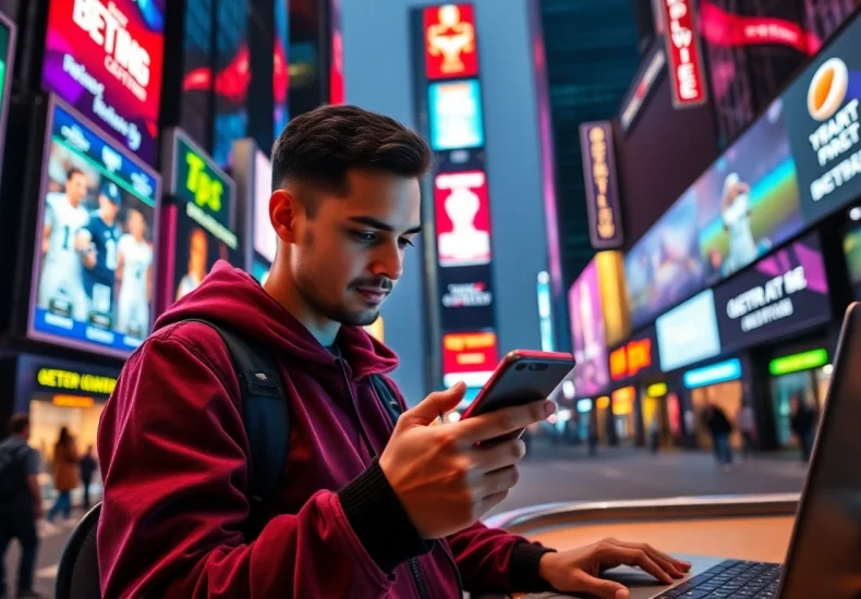 Engaged user exploring top sports betting sites India with a mobile app amidst a vibrant cityscape.