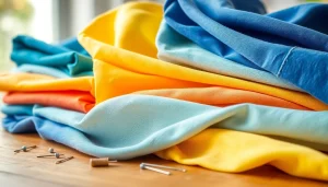 Katoen stoffen in verschillende kleuren, gestapeld op een houten tafel met naaiaccessoires.