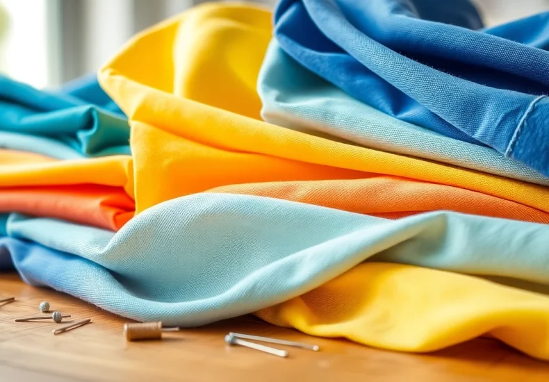 Katoen stoffen in verschillende kleuren, gestapeld op een houten tafel met naaiaccessoires.