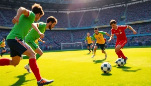 축구중계 경기에 집중하는 선수들의 역동적인 순간을 포착한 사진입니다.