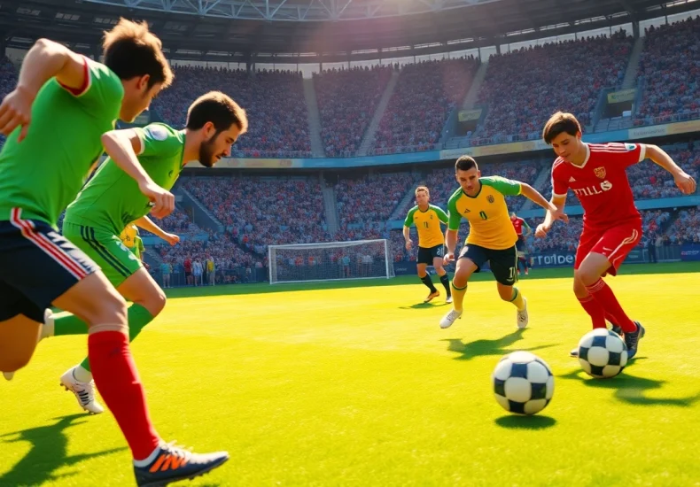 축구중계 경기에 집중하는 선수들의 역동적인 순간을 포착한 사진입니다.