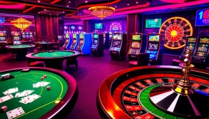 A thrilling KJC AC casino scene with vibrant tables, cards, and slot machines.