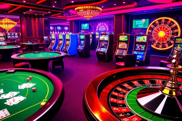 A thrilling KJC AC casino scene with vibrant tables, cards, and slot machines.