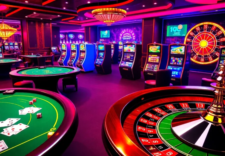 A thrilling KJC AC casino scene with vibrant tables, cards, and slot machines.