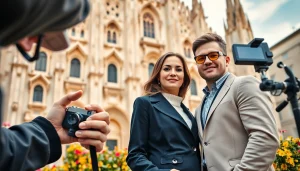 Book fotografico Milano: servizio fotografico elegante di una coppia con il Duomo sullo sfondo.