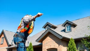 Highlighting reliable roofing services with a contractor inspecting a residential roof, ensuring quality.